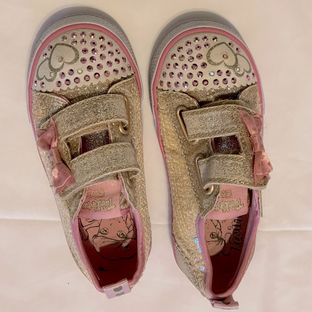 Gold sequin and pink Skechers twinkle toes light up shoes